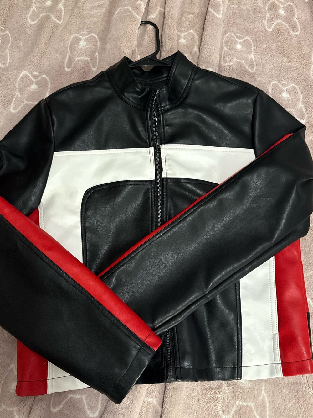 Men's Black, White & Red Faux Leather Racing Jacket